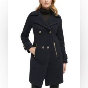 GUESS Black Wool Blend Double Breasted Cutaway Coat Women’s Medium